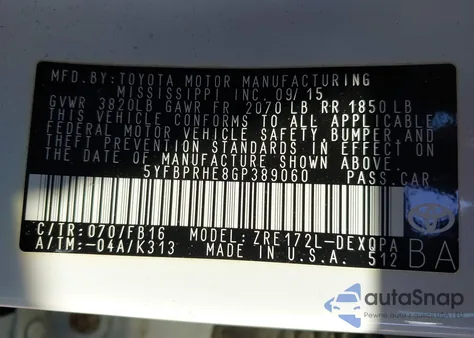 2016 Toyota Corolla Le Eco из США, поврежденный, VIN 5YFBPRHE8GP389060